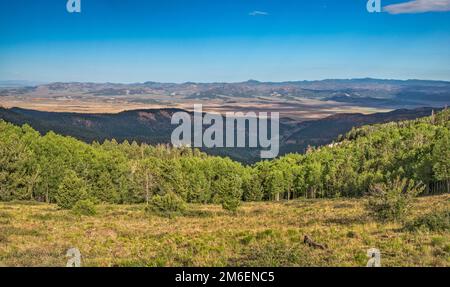 Johns Valley, Sevier Plateau in lontananza, vista da Griffin Top, FR 140 (Griffin Rd), Escalante Mountains, Dixie National Forest, Utah, USA Foto Stock