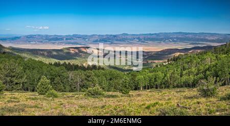 Johns Valley, Sevier Plateau in lontananza, vista da Griffin Top, FR 140 (Griffin Rd), Escalante Mountains, Dixie National Forest, Utah, USA Foto Stock