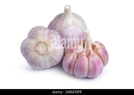 Aglio intero crudo isolato su fondo bianco. Profondità di campo completa Foto Stock