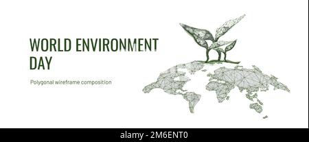 Mappa del mondo con erba di germoglio. Composizione poligonale a reticolo. Concetto di giornata mondiale dell'ambiente. Illustrazione astratta isolata su sfondo bianco Illustrazione Vettoriale