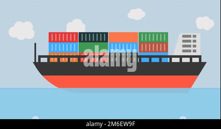 Mare, cielo e nave da carico sfondo. Nave container. Vettore modificabile. Illustrazione Vettoriale