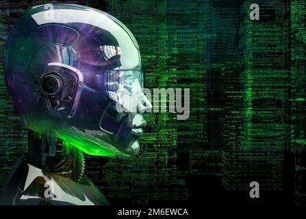Testa del robot con elementi di interfaccia isolati su sfondo tecnico codice matrice, vista laterale. Città di realtà virtuale costituita da righe di codice programmatore SKY Foto Stock
