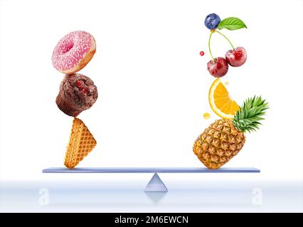 Una pila di frutta fresca matura e frutti di bosco vs cibi non sani fast food isolato su sfondo bianco. Vita sana, corretta alimentazione, perdita di peso, di equilibrato Foto Stock