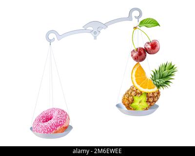 Una pila di frutta fresca matura e frutti di bosco vs insalubre ciambella fast food isolato su sfondo bianco. Vita sana, nutrizione adeguata, perdita di peso, balan Foto Stock