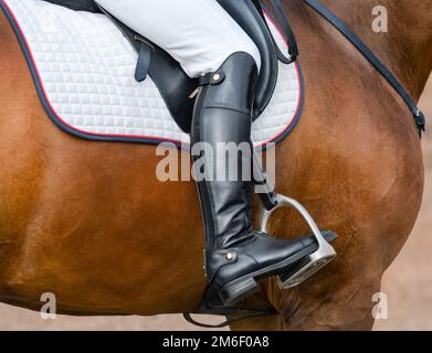 Immagine ravvicinata dello scarpone da corsa da jockey nella staffa. Cavaliere sul cavallo della baia. Foto Stock