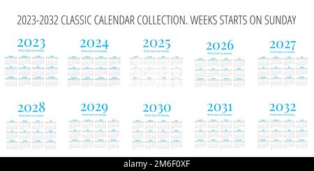 Calendario classico impostato per gli anni dal 2023 al 2032 Illustrazione Vettoriale