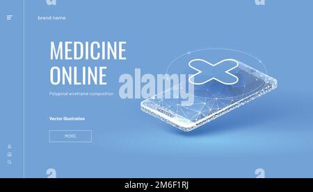 Telefono isometrico con croce. Concetto per farmacia online o consultazione. Composizione poligonale a reticolo. Astratto isolato su sfondo blu Illustrazione Vettoriale
