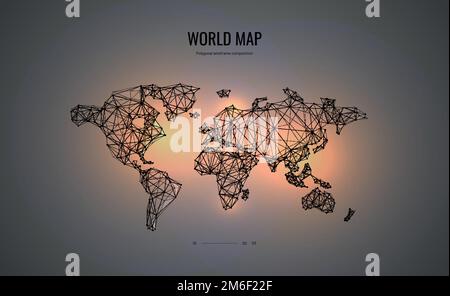 Mappa del mondo. Composizione poligonale a reticolo. Concetto infografica. Illustrazione astratta isolata su sfondo scuro. Le particelle sono collegate Illustrazione Vettoriale