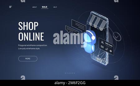 Negozio online del servizio clienti. Smartphone - negozio internet. Smartphone isometrico con bot di tenda e chat. Modelli di progettazione di pagine Web per call center su Illustrazione Vettoriale