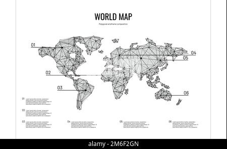 Mappa del mondo. Composizione poligonale a reticolo. Concetto infografica. Tecnologia e innovazione nel mondo. Illustrazione Vettoriale