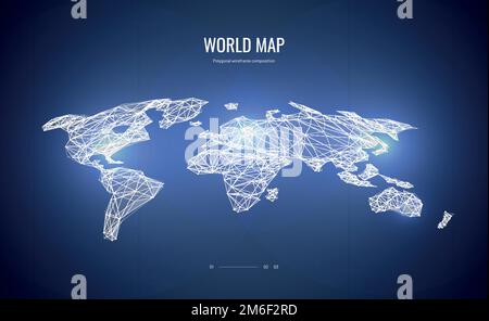 Mappa mondiale isometrica. Composizione poligonale a reticolo. Illustrazione astratta isolata su sfondo blu. Spazio poligonale con punti e linee collegati Illustrazione Vettoriale