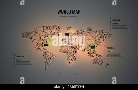 Mappa del mondo. Composizione poligonale a reticolo. Concetto infografica. Illustrazione astratta isolata su sfondo scuro. Le particelle sono collegate in un geomet Illustrazione Vettoriale