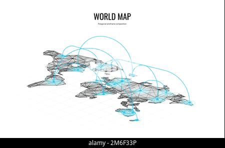 Mappa mondiale isometrica. Composizione poligonale a reticolo. Concetto di viaggio aereo. Illustrazione astratta isolata su sfondo bianco. Le particelle sono collegate Illustrazione Vettoriale