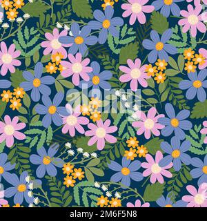 Motivo floreale senza cuciture. Fiori colorati rosa, viola e giallo su sfondo scuro. Illustrazione raster. Modello di moda senza cuciture Foto Stock