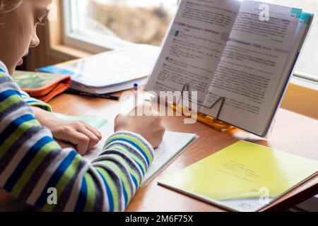 Ragazza a casa di fronte alla finestra facendo compiti Foto Stock