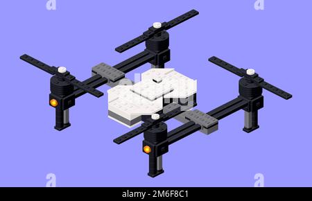 Drone, un giocattolo assemblato da blocchi di plastica e mattoni isometrici. Vettore Illustrazione Vettoriale