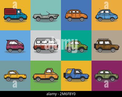 Illustrazione della collezione di auto e camion Illustrazione Vettoriale