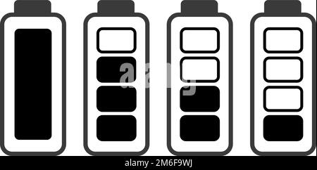 Immagini monocromatiche della batteria dello smartphone con diversi livelli di carica. Caricare la batteria dello smartphone. illustrazione Illustrazione Vettoriale