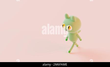 Illustrazione 3D, rendering 3D. Carino cartone animato verde gatto Foto Stock