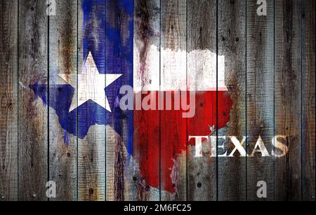 Bandiera del Texas e mappa su sfondo vecchio legno tavola Foto Stock