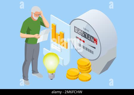 Fattura isometrica e contatore elettrico. Pagamento delle bollette di servizio. Spese di consumo di elettricità. Uomo che paga l'utilità e le fatture di elettricità in linea Illustrazione Vettoriale