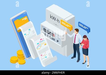 Fattura isometrica e contatore elettrico. Pagamento delle bollette di servizio. Spese di consumo di elettricità. Persone che pagano l'utilità, e bollette elettriche online Illustrazione Vettoriale