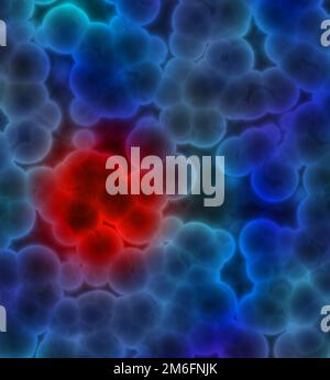 Illustrazione di cellule blu con cluster rosso che indicano un tumore o un'infezione da cancro Foto Stock