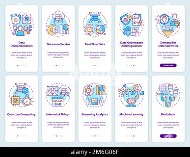 Set di schermate delle app mobili per l'onboarding tecnologico e le tendenze della scienza dei dati Illustrazione Vettoriale