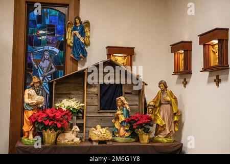 Scena della mangiatoia con Maria, Giuseppe, il bambino Gesù, pastori, animali e fiori rossi poinsettia a San Joseph's Catholic Church a Taylors Falls, Minnes Foto Stock