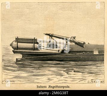 Vereinigte Staaten von Amerika, USA, Pennsylvania, Little Britain, Originaltext : ' Fultons Angriffstorpedo ' , Abschussanlage für silpedos, entwickelt von Robert Fulton, Illustrazione aus : ' Illustrierte Geschichte des Neunzehnten Jahrhunderts ', Verlag Union Deutsche Verlagsgest, Stoccarda, 1890, Stoccarda, Berlino. / Unites States of America, USA, Pennsylvania, Little Britain, testo originale : ' Fultons Angriffstorpedo ' ( sistema Fultons per il lancio del siluro ) , creato da Robert Fulton, illustrazione da : ' Illustrrte Geschichte des Neunzehnten Jahrhunderts ' ( Storia del 19th ce Foto Stock
