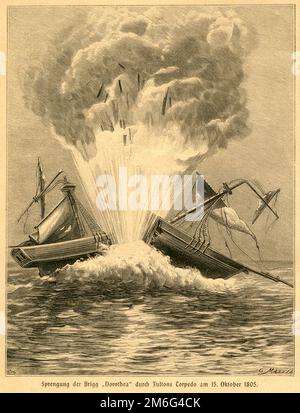Vereinigte Staaten von Amerika, USA, Pennsylvania, Little Britain, Originaltext : ' Sprengung der Brigg ' Dorothea ' durch Fultons Torpedo am 15. Oktober 1805, Illustrazione aus :' Illustrierte Geschichte des Neunzehnten Jahrhunderts', Verlag Union Deutsche Verlagsgesellschaft, Stoccarda, Berlino, Lipsia, 1890. / Stati Uniti d'America, USA, Pennsylvania, Little Britain, testo originale : ' la demolizione della brig' Dorothea ' di Fultons siluro il 15th ottobre 1805, illustrazione da : ' Illustrierte Geschichte des Neunzehnten Jahrhunderts ' ( storia del 19th ° secolo in Illustrazione Foto Stock
