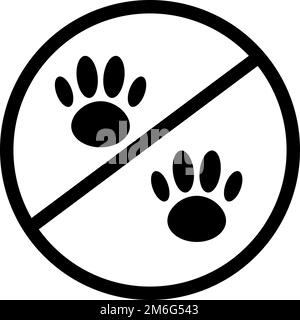 Animali domestici vietati, normative sugli animali domestici. Zampa di animali e segnale di stop. Vettori modificabili. Illustrazione Vettoriale