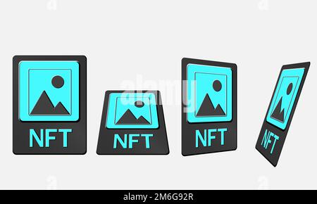 3D schede token NFT in grafica crittografica. Scheda NFT con ART in prospettiva, vista dall'alto in vista isometrica e frontale. Token non fungibile con informazioni fr Illustrazione Vettoriale