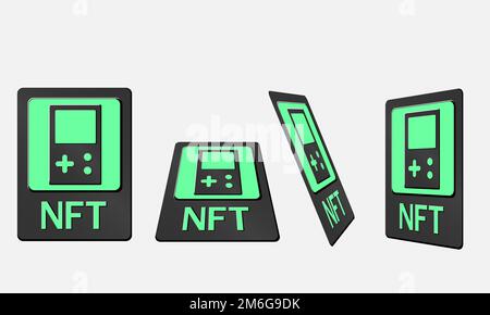3D schede token NFT in grafica crittografica. Scheda NFT con gioco in prospettiva, vista dall'alto in vista isometrica e frontale. Token non fungibile con informazioni f Illustrazione Vettoriale