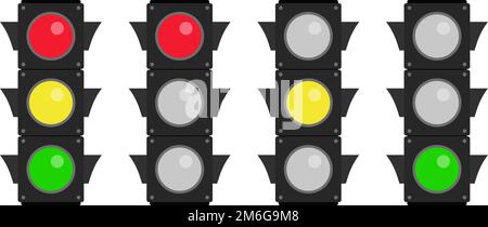 Set di icone del semaforo verticale. Segnali rossi, gialli e verdi. Vettori modificabili. Illustrazione Vettoriale