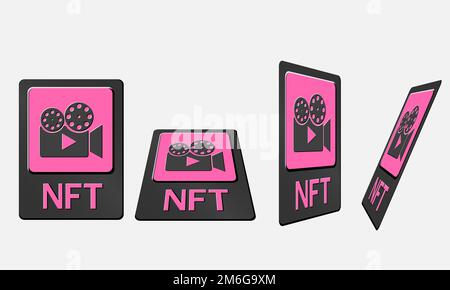 3D schede token NFT in grafica crittografica. Scheda NFT con video in prospettiva, vista dall'alto in vista isometrica e frontale. Token non fungibile con informazioni Illustrazione Vettoriale