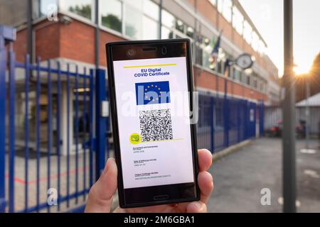 Donna che mostra su smartphone EU Digital Covid Certificate Green Pass. Foto Stock