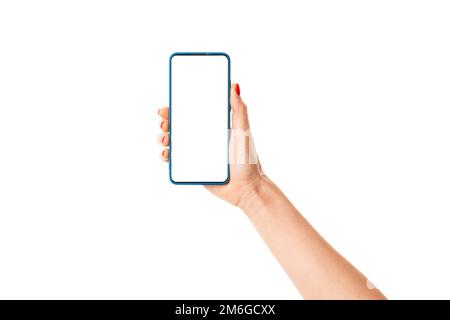 Vista frontale in mano donna che tiene moderno smartphone senza cornice mockup con schermo bianco isolato su sfondo bianco ripresa di alta qualità da studio Foto Stock