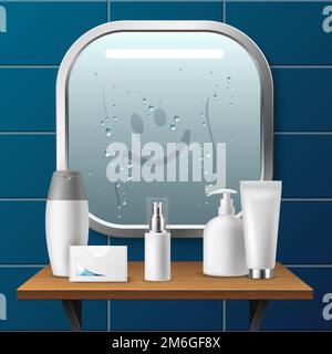 Specchio realistico. Faccia smiley disegnata sulla condensazione, arredamento moderno del bagno in struttura metallica, vetro riflettente interno del gabinetto, 3D elementi, sapone e. Illustrazione Vettoriale