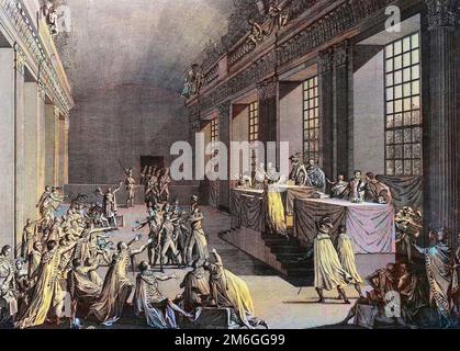 Il colpo di Stato del 18 Brumaire - Journees du 18 et 19 brumaire an VIII (9 et 10 novembre 1799) : colpo di Stato di Bonaparte dans la salle du Conseil des Cinq-cents (salle des 500) qui renverse le Directoire, prend le pouvoir et se nomme Premier console. Foto Stock