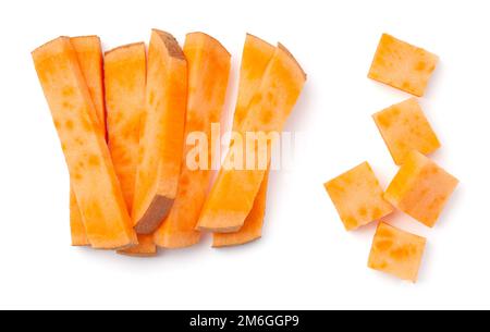 Patate dolci a fette, patate crude, patatine fritte e cubetti Foto Stock