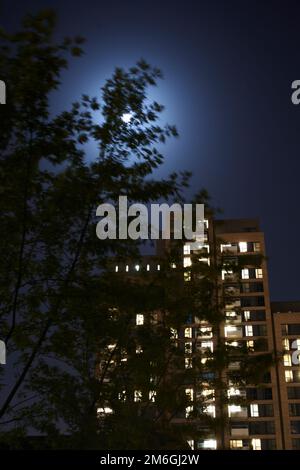 La luna dietro gli appartamenti residenziali di notte come gli alberi si muovono nel vento Foto Stock