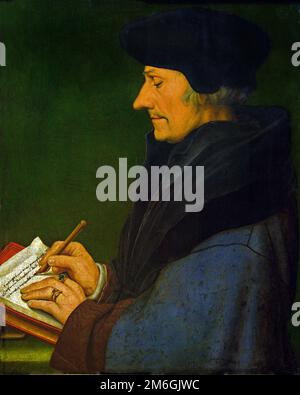 Erasmus of Rotterdam Writing, 1523 di Hans Holbein (il giovane) 1497-1543, Germania tedesca ( Desiderius, Erasmus , filosofo olandese , teologo cattolico , considerato uno dei più grandi studiosi, studioso del Rinascimento settentrionale, Europa ) Foto Stock