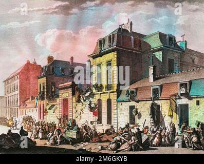 Rivoluzione francaise de 1789 - Rivoluzione francese: Pillage de l'hotel de Castries, rue de Varenne dans le 7e ° arrondissement de Paris, le 13 novembre 1790. Il est saisi comme bien d'emigre et affecte au ministere de la Guerre. Gravure de Berthaut d'apres Prieur. Foto Stock