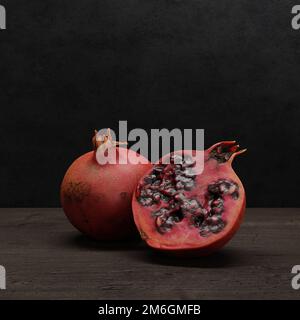 3D rendering di melagrane realistiche primo piano, imperfezione melagrane realistiche Foto Stock