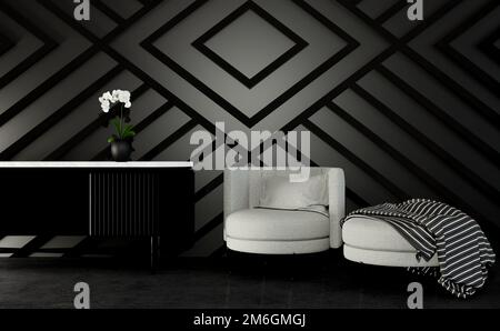 3D divano bianco in una moderna camera oscura interni, moderna camera oscura con sfondo geometrico Foto Stock