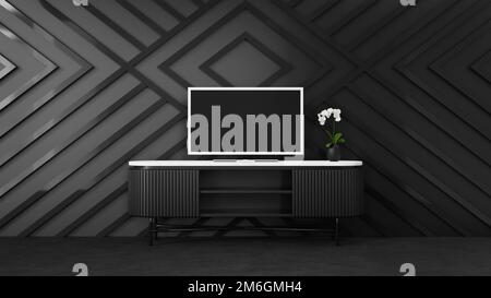 TV con rendering 3D sulla sponda laterale nera nel salotto interno scuro Foto Stock