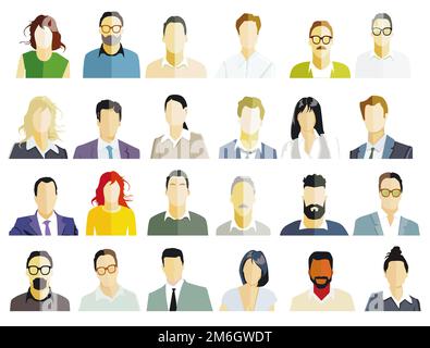 Gruppo di persone ritratto, volti su sfondo bianco. Illustrazione Foto Stock