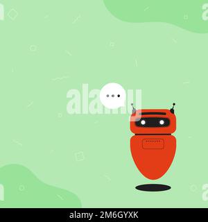 Illustrazione di un robot fluttuante carino che ci dice nuove meravigliose informazioni in Una chat cloud. Adorabile Flying meccanico persona disegnare Foto Stock