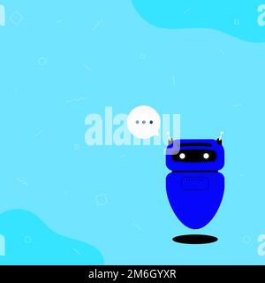 Illustrazione di un robot fluttuante carino che ci dice nuove meravigliose informazioni in Una chat cloud. Adorabile Flying meccanico persona disegnare Foto Stock